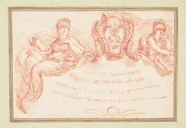 Desenho, detalhe do teto com duas figuras sentadas e escudo
